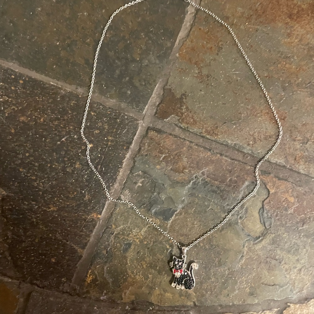 Sterling Silver Black Cat Pendant Necklace - Women Jewelry